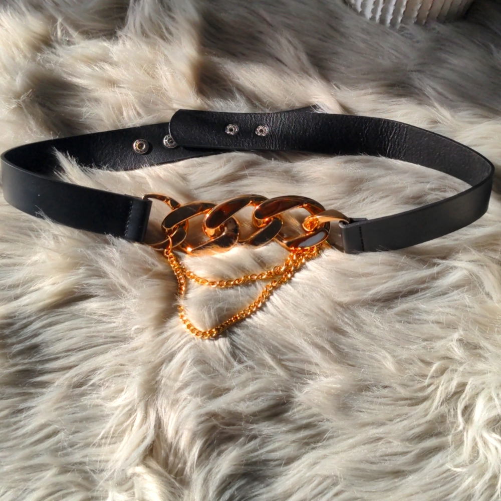 Gold chain leather belt